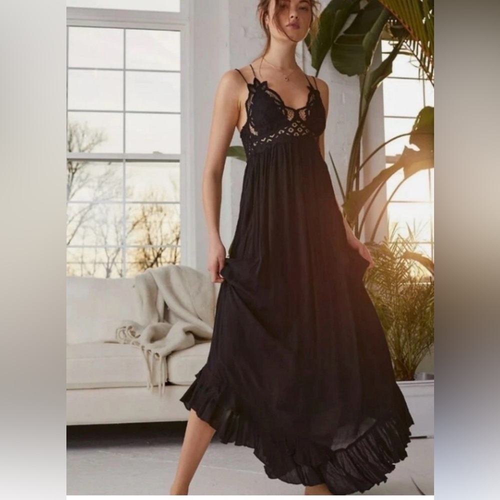 Free people Adella black lace ruffle maxi dress boho dark romantic renaissance - Picture 2 of 7